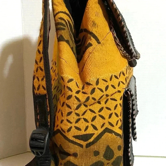 Handmade  Unsex Africa mud cloth cotton canvas leather backpack main image 4